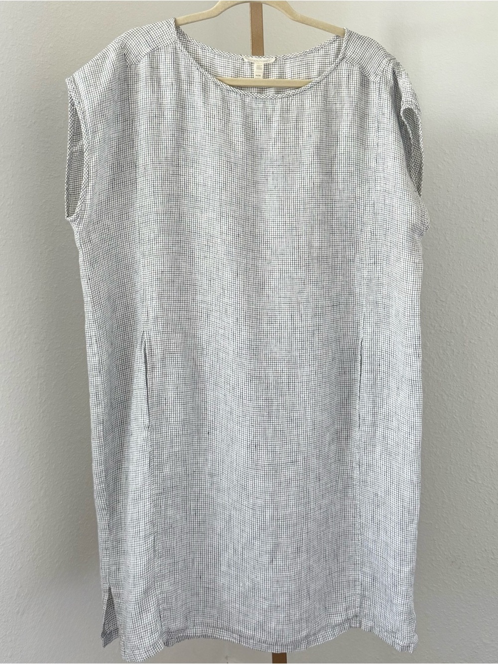 Eileen Fisher 100% Organic Linen White & Blue Shift Dress Coastal Pockets Size M